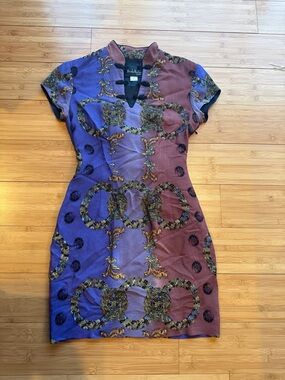Nicole Miller Purple and Burgundy chinoiserie Mandarin Mini Dress women’s size 2